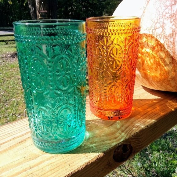 vintage Other - Vintage set of green and amber pressed glasses ec